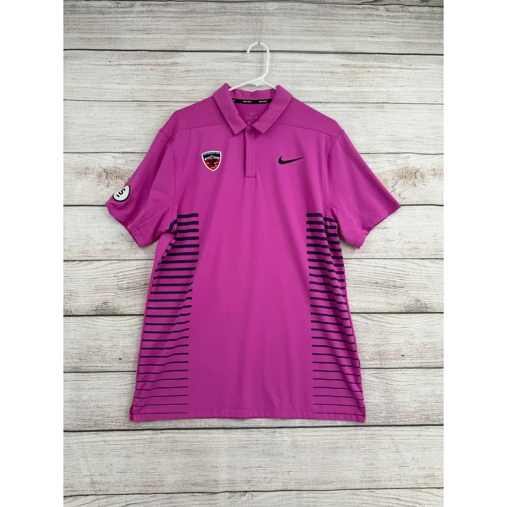 Nike Golf Polo Shirt Mens M Pink PNW Ryder Cup 2018 Dri-FIT Short Sleeve Stripe